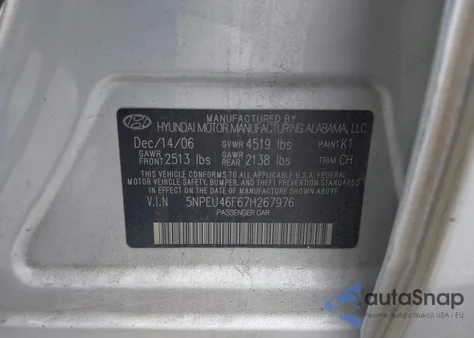 2007 Hyundai Sonata Limited/Se V6 из США, поврежденный, VIN 5NPEU46F67H267976